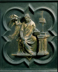 North Porte (nimeltään Porte de la Croix, pohjoisessa), ulkopuoli: Saint Mathieu. Lorenzo Ghibertin (1378-1455) tekemä pronssiveistos