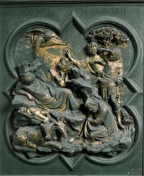 North Porte (nimeltään Porte de la Croix, pohjoisessa), ulkopuoli: nativiitti. Lorenzo Ghibertin (1378-1455) tekemä pronssiveistos