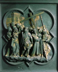 Porte Nord (nimeltään Porte de la Croix, pohjoisessa), yksityiskohta: "Montee Golgatalle"" Pronssiveistos, jonka on tehnyt Lorenzo Ghiberti (1378-1455)