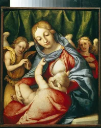 Neitsyt imettävä. (Madonna Del Latte). Lorenzo Lotto (1480-1556) maalaus, öljy kankaalle, noin 1520. Italialainen taide (Venetsia)