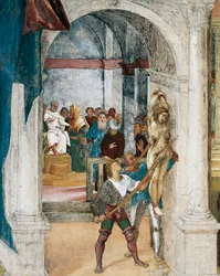 Pyhän Barbaran marttyyrikuolema, yksityiskohta Christ-Vinesta ja Lorenzo Lotto Legend of Saint Barbara (noin 1480 - 1556), fresko, yksityiskohta, Villa Suardi, Capella Suardi, Trescore Balneario