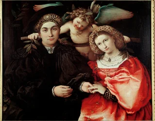 Mestari Marsilio (Marsilio Cassotti) ja hänen vaimonsa (Faustina) Öljy puulle kirjoittanut Lorenzo Lotto (n. 1480-1556) 1523 Dim. 71x84 cm Madrid, Musee du Prado - Marsilio Cassottin ja hänen vaimonsa Faustinan muotokuvia. Lorenzo Lotto (1480-1556) maalaus