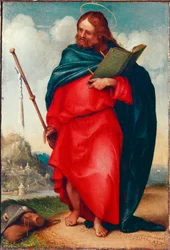 Pyhän Jaakobin Peleriinin esitys Tämä on Pyhä Jaakob Major tai Pyhä Jaakob, Sebedeuksen poika. Lorenzo Lotto (n. 1480-1556) maalaus 1510-1512 Dim. 20x15 cm Recanati, Pinacoteca