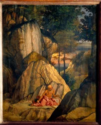 Pyhä Hieronymus meditoi autiomaassa. Lorenzo Lotto (1480 - 1556) maalaus Ec. Ital.