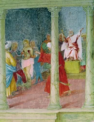 Kohtauksia Pyhän Barbaran elämästä, yksityiskohta Pyhästä Barbarasta tuomarin edessä, 1523-24.