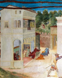 Isänsä hyökkäsi Pyhän Barbaran kimppuun, yksityiskohta Christ-Vinesta ja Lorenzo Lotto Legend of Saint Barbara (noin 1480 - 1556), fresko, yksityiskohta, Villa Suardi, Capella Suardi, Trescore Balneario