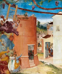 Pyhä Barbara tornissa, yksityiskohta Christ-Vinesta ja Lorenzo Lotto Legend of Saint Barbara (noin 1480 - 1556), fresko, yksityiskohta, Villa Suardi, Capella Suardi, Trescore Balneario