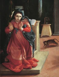 The Annunciation”” Neitsyen yksityiskohta (Julkistus, yksityiskohta neitsyestä) Lorenzo Lotto (1480-1556) maalaus 1535 Pinacoteca Civica, Recanati, Italia