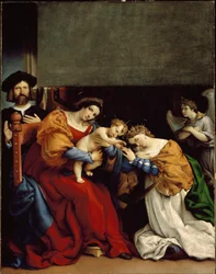 Pyhän Katariinan mystinen häät Pyhän Katariina Aleksandrian mystiset häät” Vasemmalla Niccolo Bonghi, taidemaalarin vuokranantaja. Lorenzo Lotto (n. 1480-1556) maalaus 1523 Dim. 189 x 134 cm Bergamo, Accademia Carrara