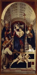 Neitsyt ja lapsi Saint Dominican, Saint Gregoiren ja Saint Urbanin kanssa - Recanati-polyptiikan keskusosa (1508, öljy puulle)
