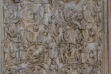 Jesse-puu ja messiaaniset profetiat, Genesiksen tarinat, Lorenzo Maitanin (ennen 1275-1330) bareljeefit, toinen pilari, Orvieton katedraalin julkisivu, Umbria, Italia