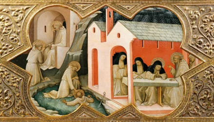 Neitsyen kruunausalttaritaulu (Incoronazione della Vergine). Yksityiskohta, joka edustaa kohtauksia Pyhän Benedictus Nursian elämästä