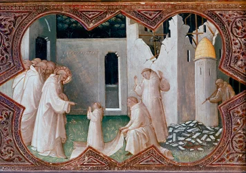 Neitsyen kruunauksen alttaritaulu: ”Pyhä Benedictus Nursialainen herättää munkin kuolleista”. Tempera puulle (1370-1424), 1413. Firenze, Uffizin galleria