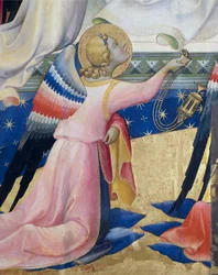 Polvistuva enkeli, yksityiskohta Lorenzo Monacon (n. 1370-1425) Neitsyt kruunaamisen keskipaneelista, paneelissa tempera ja kulta, 506x4475 cm