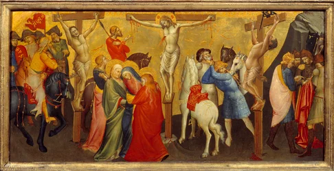 Alttaritaulun predellin ristiinnaulitseva keskipaneeli on tarkoitettu Firenzen Santa Maria degli Angelin kirkon Nobili-kappelille. Lorenzo Monacon maalaus (1365/70 - 1425)