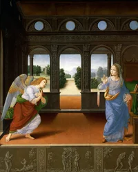 Ilmestys ja kolme kertomusta Genesiksen luvusta n. 1480-1485 (tempera puupaneelilla)