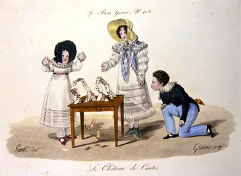"The Card House", muotikilpi nro 108 "le Bon Genre" -lajista, kaiverrus Georges Jacques Gatine (1773-1831) 1800-luvun alku (värillinen kaiverrus)
