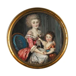 Nuori nainen nimeltä Madame de Genlis, syleilee poikaansa