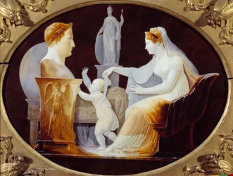Impress Mary Louise ohjaa Rooman kuninkaan Napoleon II:n, Reichstadtin herttua (1811-1832), keisari Napoleon I:n pojan (1769-1821) ensimmäiset askeleet isänsä Louis Bertin Parantin posliinilautasen rintakuvan edessä (1768-1851) 1813 Pariisi. La Leg