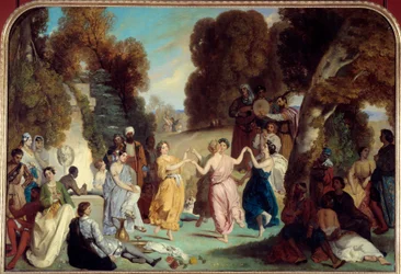 Muusien tanssi Louis Boulangerin (1806-1867) maalaus 1851 su. 2,2x3,25 m Pariisi, Carnavalet-museo