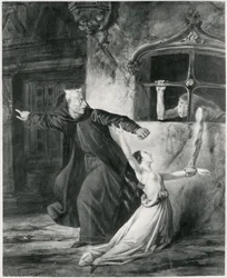 Sachette, Esmeralda ja Claude Frollo, kuvitus Victor Hugon (1802-85) teokseen "The Hunchback of Notre Dame", 1831 (bw)