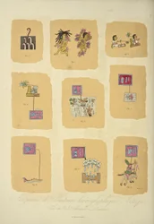 Fragmentit atsteekkien hieroglyfimaalauksista, Codex Telleriano-Remensis, kuvitus Alexander von Humboldtin ja Aime Bonplandin teoksesta "Näkymät Cordilleraille ja Amerikan alkuperäiskansojen monumenteille"