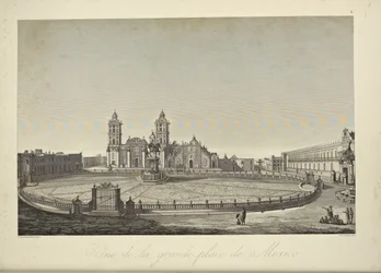 Näkymä Mexico Cityn pääaukiolle, kuvitus Alexander von Humboldtin ja Aime Bonplandin "Näkymiä Cordillerasta ja Amerikan alkuperäiskansojen monumenteista"