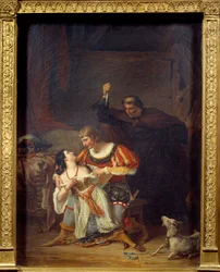 Arkkidiakoni Frollo ja Esmeralda. Phoebus ja Esmeralda syleilevät; Phoebuksen takana Claude Frollo ilmestyy tikarin kanssa surmatakseen kilpailijansa iskemällä mustalaistyttöä sydämeen. Kuvitus Victor Hugon (1802-1885) teokseen "Pariisin Notre-Dame".