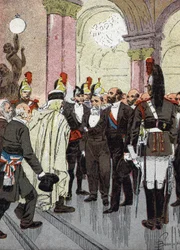 Ranskan pormestarien banketti (Ranskan pormestarien juhla 18. elokuuta 1889 Pariisin kaupungintalolla, kutsuttu juhlimaan suurta näyttelyä) Louis Charles Bombledin (1862-1927) kuvitus Mercierin teoksesta "Les grandes journees de" Hei