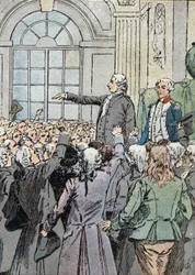 Ranskan vallankumous: "" Varajäsen Jean Sylvain Bailly (1736-1793) valittiin Pariisin pormestariksi 15.7.1789 La Fayetten läsnä ollessa"" (poliittinen johtaja Jean-Sylvain Bailly valittiin Pariisin pormestariksi 15. heinäkuuta 1789) Kuvitus Louis Charles B