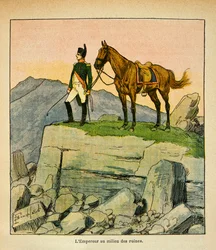 Pommitetun Louisin (1862-1927) kuvitus kreivi Emmanuel de Las Casesin (1766-1842) kirjasta "The Memorial of Saint Helene": Keisari Napoleon raunioiden keskellä, yksityinen kokoelma
