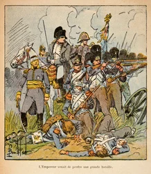 Bombled Louisin (1862-1927) kuvitus kreivi Emmanuel de Las Casesin (1766-1842) kirjasta "Pyhän Helenan muistomerkki": Keisari Napoleon Waterloon taistelussa vuonna 1815, yksityiskokoelma.