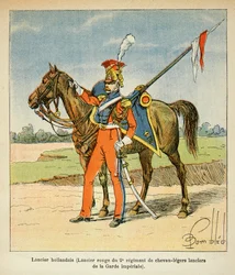 Kuvitus Bombled Louisista (1862-1927) kreivi Emmanuel de Las Casesin (1766-1842) kirjasta "Saint Helenen muistomerkki": Keisarillisen kaartin 2. kevyiden hevosten rykmentin punainen lankomies), yksityiskokoelma.