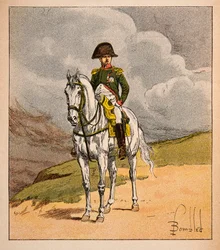 Kuva Bombled Louisista (1862-1927) kreivi Emmanuel de Las Casesin (1766-1842) kirjasta "The Memorial of Saint Helene": Equestrian Portrait of Emperor Napoleon 1.er, yksityinen kokoelma