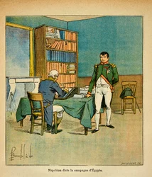 Kuvitus Bombled Louisista (1862-1927) kreivi Emmanuel de Las Casesin (1766-1842) kirjasta "Saint Helenen muistomerkki": Maanpaossa keisari Napoleon sanelee muistomerkkinsä suurelle marechal Henri Gatien Bertrandille (1773-1844) Egyptin niemimaalla.