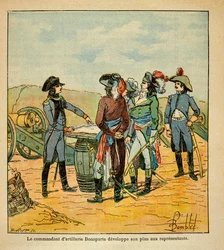 Kuvitus Bombled Louisista (1862-1927) kreivi Emmanuel de Las Casesin (1766-1842) kirjasta "Saint Helenen muistomerkki": Napoleon Bonaparte paljastaa suunnitelmansa Toulonin valtaamiseksi tasavallan komissaareille, yksityiskokoelma.