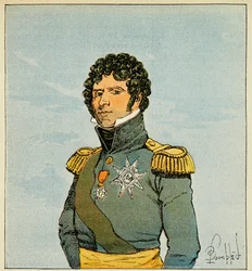 Kuvitus Bombled Louisista (1862-1927) kreivi Emmanuel de Las Casesin (1766-1842) kirjasta "Saint Helenen muistomerkki": Muotokuva marechal Jean Baptiste Bernadottesta (1763-1844), joka tunnetaan nimellä kersantti Belle Leg, Ponte Corvon prinssi, Suen kunin
