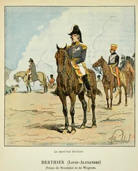 Kuvitus Bombled Louisista (1862-1927) kreivi Emmanuel de Las Casesin (1766-1842) kirjasta "Saint Helenen muistomerkki": Neufchatelin ja Wagramin ruhtinas Louis Alexandre Berthierin (1753-1815) ratsumuotokuva, yksityiskokoelma.