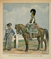 Kuvitus Bombled Louisista (1862-1927) kreivi Emmanuel de Las Casesin (1766-1842) kirjasta "Saint Helenen muistomerkki": Preussilaisen linjan jalkaväki (42, eme rykmentti) ja preussilaiset taistelulaivat.