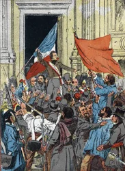 Toisen tasavallan julistaminen, vuoden 1848 vallankumous: Alphonse de Lamartine (1790-1869) torjuu punaisen lipun tasavallan tunnuksena ja pitää kolmivärilippua parempana pitäessään puhetta Pariisin kaupungintalolla 25. helmikuuta