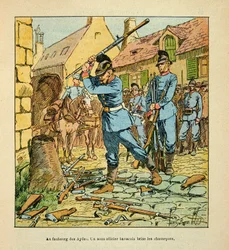 Eugene Sergentin Armee de la Loire, joka tunnetaan nimellä Grenest, kuvittanut Louis Bombled (1862-1927) (Ranskan ja Saksan sota; kampanja 1870-1871): Orleansin kaupungin valloituksen jälkeen lokakuussa 1870 baijerilainen aliupseeri mursi metsästäjät. (kiv