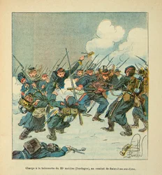 Eugene Sergeantin Loire-armee, joka tunnetaan nimellä Grenest, kuvittanut Louis Bombled (1862-1927) (Ranskan ja Saksan sota; kampanja 1870 -1871): hyökkäys 22. matkapuhelimen (Dordogne) baionettille taistelussa Saint Jean sur Evre tammikuussa 1871, P