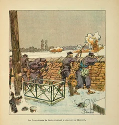 Eugene Sergentin Loiren armeija, joka tunnetaan nimellä Grenest, kuvittanut Louis Bombled (1862-1927) (Ranskan ja Saksan sota; kampanja 1870 -1871): Pariisin ranskalaiset ampujat puolustavat Montsortin (Alencon) hautausmaata tammikuussa 1871, yksityinen ko