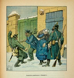Eugene Sergentin Loiren armeija, joka tunnetaan nimellä Grenest, kuvittanut Louis Bombled (1862-1927) (Ranskan ja Saksan sota; kampanja 1870-1871): Beaugencyssa asukkaat puolustavat itseään Preussin brutaliitteja vastaan joulukuussa 1870, yksityinen Collec