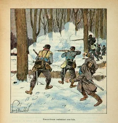 Eugene Sergentin The Armee of the Loire, joka tunnetaan nimellä Grenest, kuvittanut Louis Bombled (1862-1927) (Ranskan ja Saksan sota; kampanja 1870 -1871): Francs-ampujat Ranskalainen hävittäjä puun alla, yksityinen kokoelma