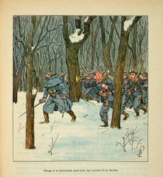Eugene Sergentin The Armee of the Loire, joka tunnetaan nimellä Grenest, kuvittanut Louis Bombled (1862-1927) (Ranskan ja Saksan sota; kampanja 1870 -1871): Le Mansin taistelu tammikuussa 1871, Sarthen matkapuhelimien lataaminen , Yksityinen kokoelma