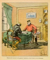 Eugene Sergeantin itäinen armeija, kuten Grenest, kuvittanut Louis Bombled (1862-1927) (Ranskan ja Saksan sota; kampanja 1870-1871): Garibaldin ja kenraali Cambrielsin haastattelu Saint Claudessa lähellä Besanconia lokakuussa 1870, yksityinen kokoelma