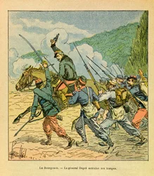 Eugene Sergeantin itäinen armeija, kuten Grenest, kuvittanut Louis Bombled (1862-1927) (Ranskan ja Saksan sota; kampanja 1870-1871): Kenraali Dupre on miehinsä pään La Bourgoncen taistelussa lokakuussa 1870, Yksityinen kokoelma