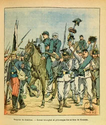 Eugene Sergeantin itäinen armeija, Grenest, kuvittanut Louis Bombled (1862-1927) (Ranskan ja Saksan sota; kampanja 1870-1871): Ricciottin joukot Chatillon sur Seinen taistelussa marraskuussa 1870, yksityinen kokoelma