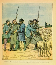 Eugene Sergeantin itäinen armeija, Grenest, kuvittanut Louis Bombled (1862-1927) (Ranskan ja Saksan sota; kampanja 1870 -1871): Talonpojaksi naamioitunut Martin-matkapuhelin takavarikoi kahden preussilaisen johtaman lammaslauman Langresiin marraskuussa 187